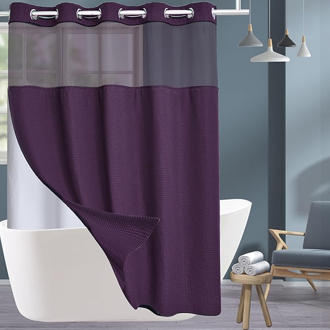 Conbo Mio Extra Long No Hook Waffle Weave Shower Curtain with Snap in Liner Set, Hotel Luxury Purple Shower Curtains for Bathroom with See Through Top Window, Waterproof, Washable 71W x 84H