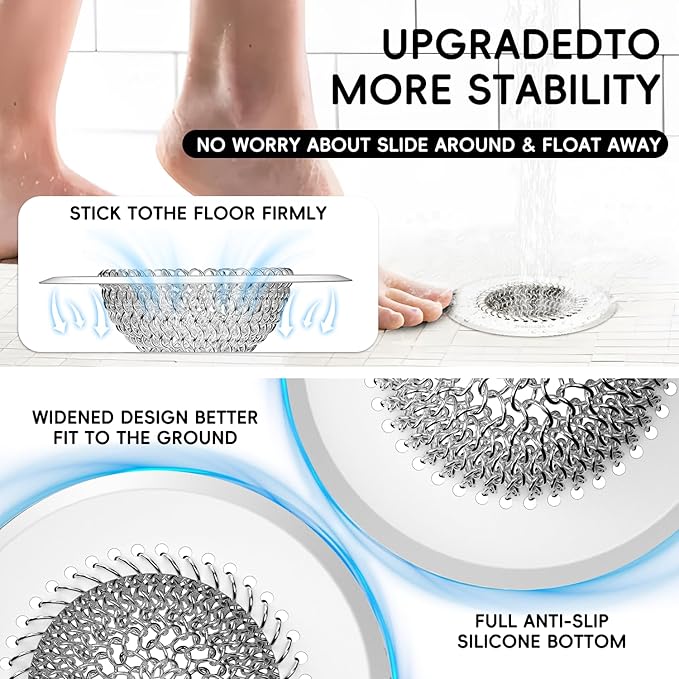 Drain Hair Catcher: for Bathtub & Shower (Fast Drainage), Reversible 304 Stainless Steel Protector. Fits Pop-Up & Regular Bathroom Drains (Silvery White)
