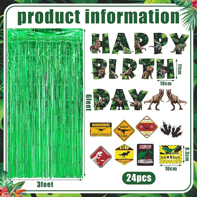 Epakh 39 Pcs Dinosaur Birthday Party Decorations Includes 24 Pieces Dino Paper Cards Decor 13 Pcs Dino Happy Birthday Banner 2 Foil Fringe Curtain Backdrop for Photo Prop Dinosaur Themed Party Supply