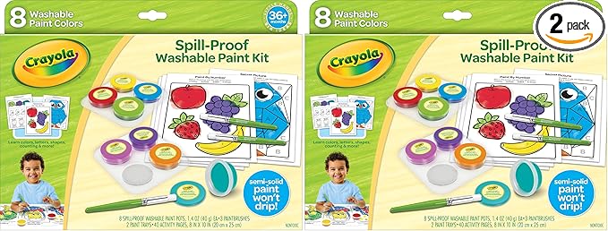 Crayola Spill Proof Paint Set (8ct), Stocking Stuffer & Holiday Gifts for Toddlers, Washable Toddler Paint Kit, With Brushes, Pots, Activity Pages, Ages 3+ (Pack of 2)