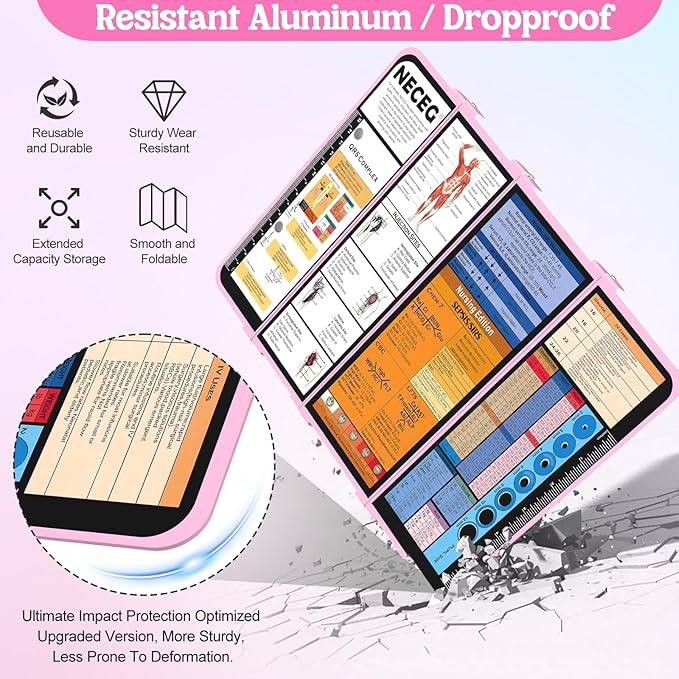 Nursing Clipboard Foldable-4 Layers Aluminum Nurse Foldable Clipboard Nursing Medical Edition Cheat Sheets, Pocket Size Pen Clip for Nurses Students School and Doctors-Pink
