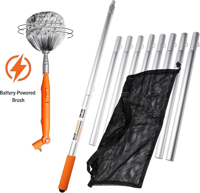Powered Cobweb & Ceiling Fan Duster with 16ft Rigid Extension Pole – Adjustable Arm, Removable Washable Head, Interior & Exterior Use – Handheld or Pole-Mounted Cleaning Tool