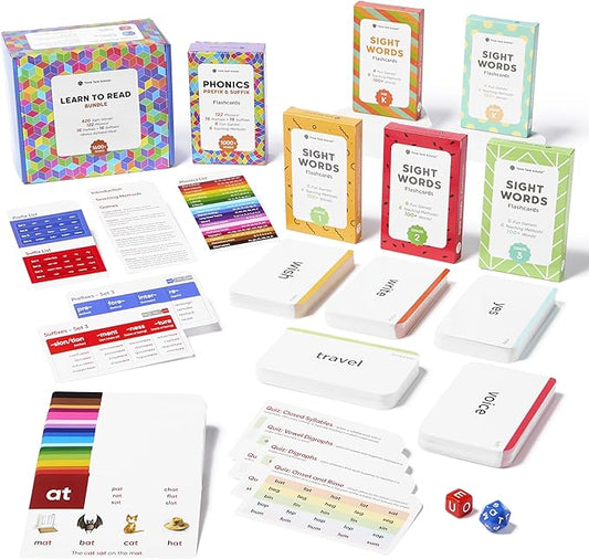 Award-Winning Learn to Read Flash Card Bundle – 1600+ Words: Sight Words, Phonics, Prefixes & Suffixes – 36 Games, 36 Tips, 2 Dice – Pre-K to 3rd Grade