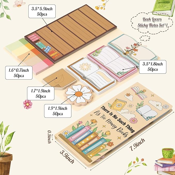 B1ykin Cute Sticky Notes Set - There is No Such Thing As Too Many Books Self-Stick Notes Pad, 550 Sheets Writing Memo Pages Sticky Notepad for Teacher Appreciation Gift, School Office (Book Lovers)