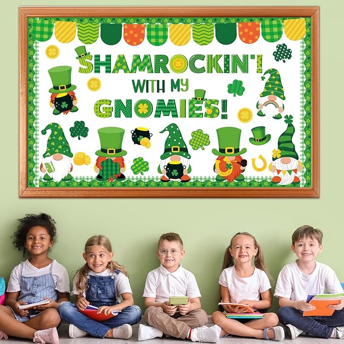 St. Patrick's Day Gnome Bulletin Board Set Shamrockin' with My Gnomies Classroom Decor Lucky Gnome Shamrocks Gold Coin Paper Cutouts Shamrock Bulletin Board Border for Green Irish Holiday School Decor