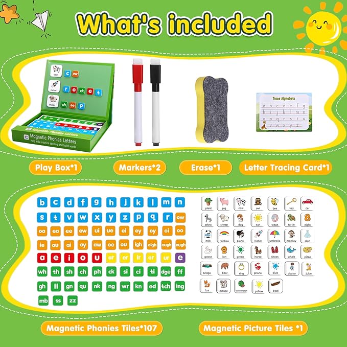 Phonics Word-Building Magnetic Letter Tiles, Alphabet Magnets for Toddlers, 147 Magnetic Phonics Tiles, Letter Recognition for Kindergarten, Phonemic Awareness, Preschool Learning Activities