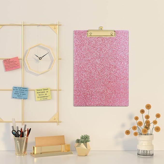 Piasoenc Acrylic Clipboards, Fashion Glitter Clip Board with Low Profile Gold Clip, Designed for Classroom School and Office Use, A4 Letter Size 9 x 12.5 in,Cute Pink