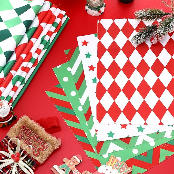 Shimeyao 60 Pcs 10 x 10 Inch Christmas Quilting Fabric Bundle Fat Quarters Stripe Dot Bright Red Green Print Squares Fabric Print Patchwork Supplies for Xmas DIY Decorations Sewing Craft