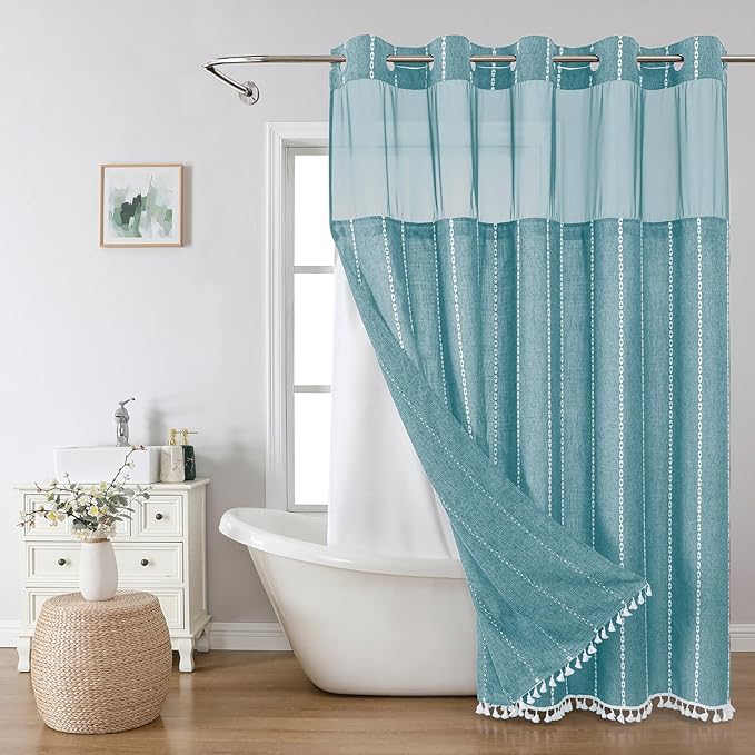 Boho Farmhouse No Hook Shower Curtain Set with Snap-in Fabric Liner,Heavy-Duty Linen Textured Rustic Striped Design,Water-Repellent with Tassels and Sheer Window,Teal,71x74