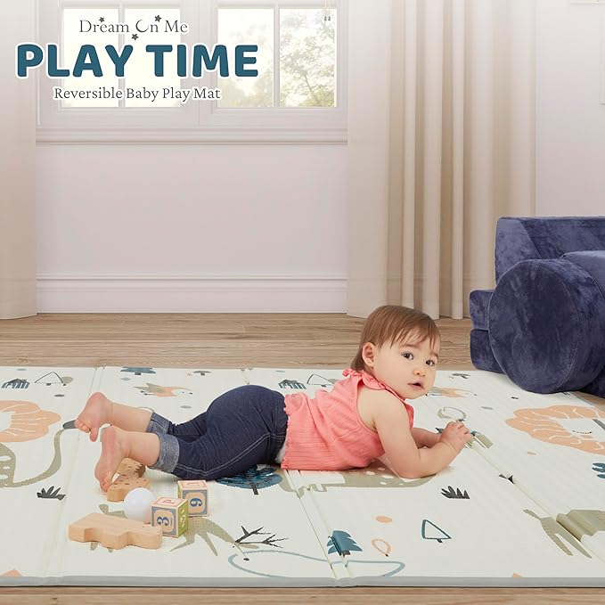 Dream On Me Play Time Reversible Baby Play Mat Foldable Extra Large Thick Foam Crawling Playmats for Toddlers Waterproof Portable Playmat , Goofy Den