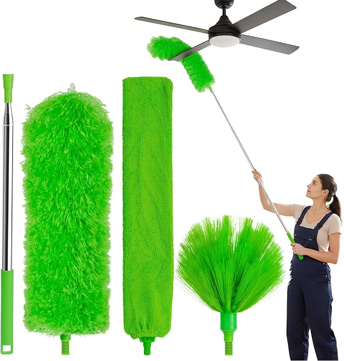 Cobweb Duster with Extension Pole, 3-in-1 Washable Cobweb Duster, Duster with 15-100-Inch Telescoping Pole, Bendable Design for high Ceiling, Fans, Blinds, Furniture