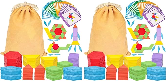 LovesTown 209 PCS Shapes Wooden Pattern Blocks for Kids, Geometric with Activity Cards and Storage Bag, Educational Tangram Puzzles,Great Learning Gift from Parents or Teachers (Pack of 2)