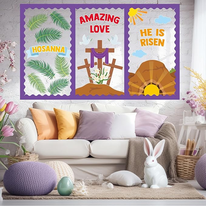 Easter Christian Bulletin Board Set He is Risen Religious Classroom Decoration Jesus Resurrection Cross Lily Hosanna Cutouts for Spring Church Sunday School Classroom Home Chalkboard Wall Decor