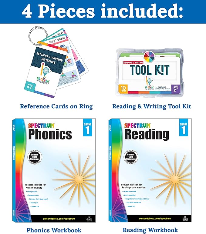 Carson Dellosa 29-Piece Reading Comprehension 1st Grade Teaching Supplies, Spectrum Reading and Phonics 1st Grade Workbooks, Writing Tool Kit, and Reference Flash Cards