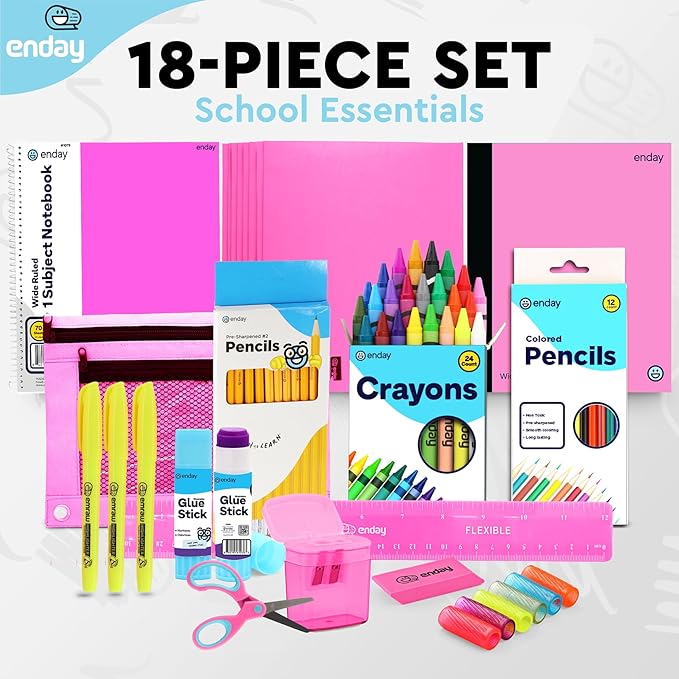 Enday Back to School Supplies for Kids, Pink School Supply Box Grades K-5, Premium Quality Kids School Supplies Kit, Kindergarten School Supplies for Girls and Boys, 71 Piece Set