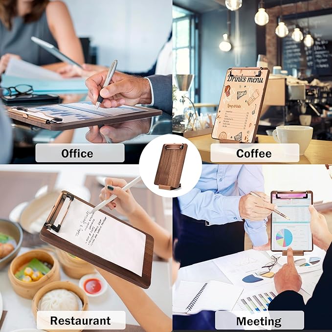Walnut Wood Clipboard, 9" x 6.3" Small Menu Clip Board with Metal Clip and Stable Base, Solid Hardwood, Smooth Edges, Free Stand Holder for Bar, Restaurant, Coffee Shops, Countertops