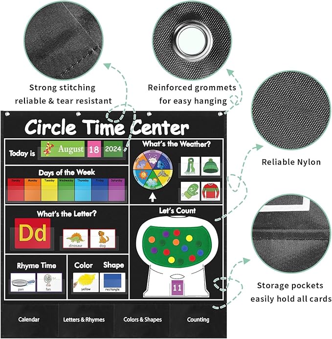 Circle Time Learning Center Pocket Chart, Calendar for Classroom, Educational Pocket Chart Learning Calendar Weather Letter Counting Rhyme Color Shape(Black)