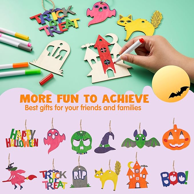 JOYIN 100 Pcs Halloween Craft Wooden Painting Kit, Halloween Party Supplies, Party Favors for Kids, Wood Blank Cutouts Ornaments, Gift Tags Decor for School Art DIY Activities Goodies Games