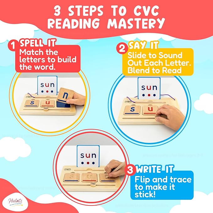 CVC Word Magic: Montessori Reading Game for Kindergarten Phonics Mastery, Learn to Read & Write 50 Sight Words for Toddlers 2-4 Years, Montessori Toy for 2+ Year Old, Letter Tracing Tiles, Flash Cards