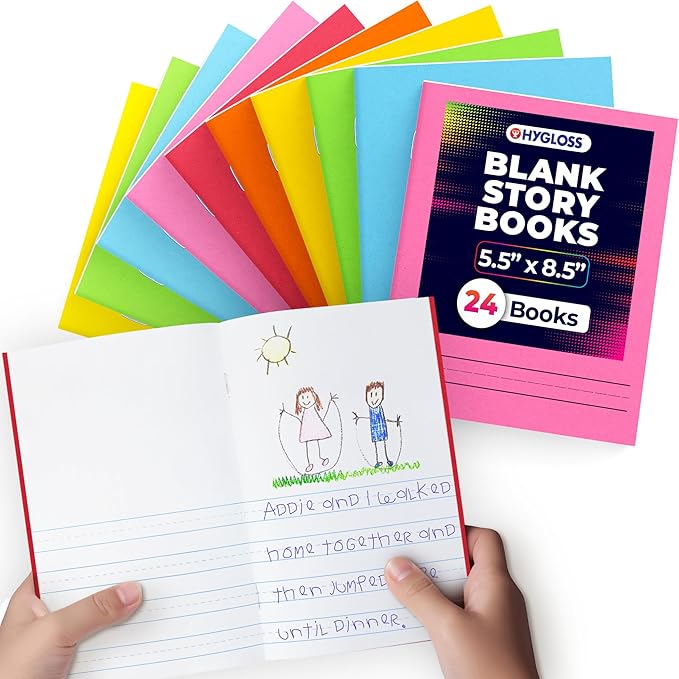 Hygloss Half Blank Books for Kids to Write Stories and Illustrate – Bulk 24 Pack – 5.5" x 8.5" A5 – Small Primary Journal for Grades K-2, Preschool/Kindergarten Notebook with Picture Space – 24 Pages
