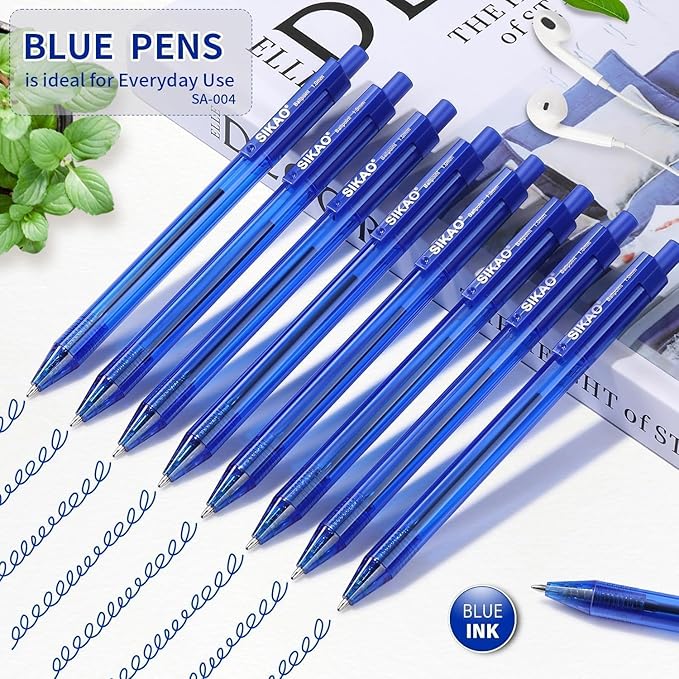 Blue Pens Bulk, 60 Pack Retractable Ballpoint Pens, Blue Ink 1.0mm Medium Point Smooth Writing No-Smear, Multipack Click Pens for Teachers, Students, Servers, School & Office Supplies