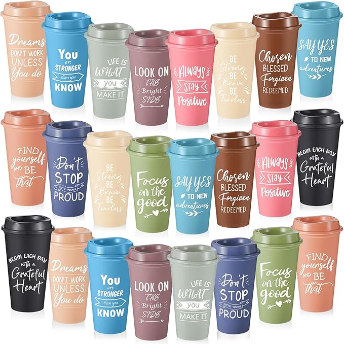 24 Pcs Inspirational Gifts for Employee Coworkers Staff Teammate, 16oz Reusable Plastic Coffee Cups with Positive Sayings, Bundle Gifts for Woman Man Coworker (Morandi Color,Inspirational)