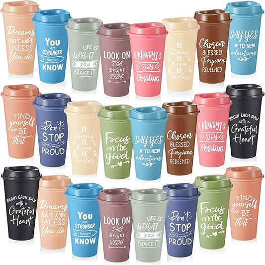 24 Pcs Inspirational Gifts for Employee Coworkers Staff Teammate, 16oz Reusable Plastic Coffee Cups with Positive Sayings, Bundle Gifts for Woman Man Coworker (Morandi Color,Inspirational)