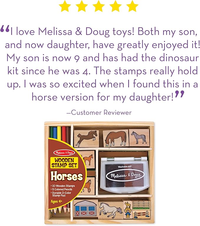 Melissa & Doug Wooden Stamp Activity Set: Horse Stable - 10 Stamps, 5 Colored Pencils, 2-Color Stamp Pad