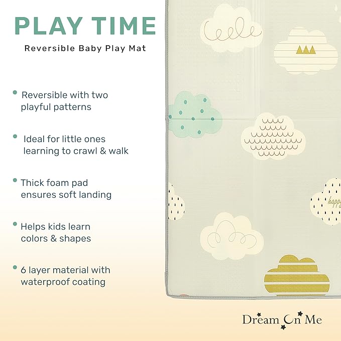 Dream On Me Play Time Reversible Baby Playmat, Foldable Extra Large Thick Foam Crawling Playmats for Toddlers, Waterproof Portable Playmat for Babies