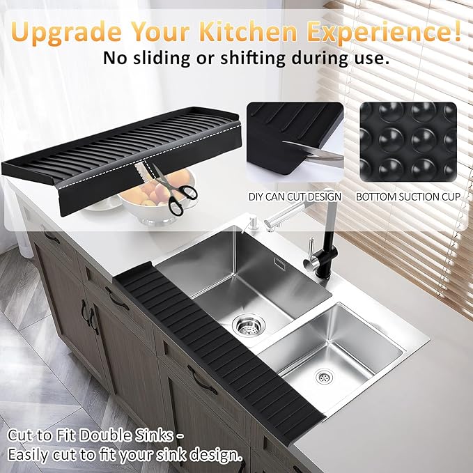 Sink Edge Protector with Suction Cup 4"x30", Silicone Sink Splash Guard for Kitchen & Bathroom, Protect Countertop from Scratches, Stains, for Stainless Steel Granite Quartz-Black