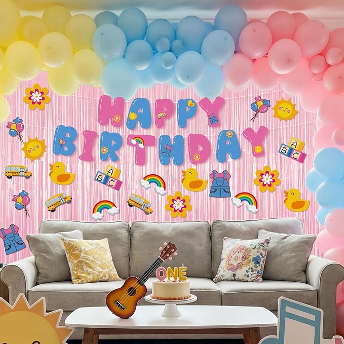 Epakh 39 Pcs Cartoon English Teacher Birthday Party Decorations Includes 24 Pieces Paper Cards 13 Pcs Happy Birthday Banner 2 Pieces Foil Fringe Curtain Backdrop for Photo Prop Themed Party Supplies