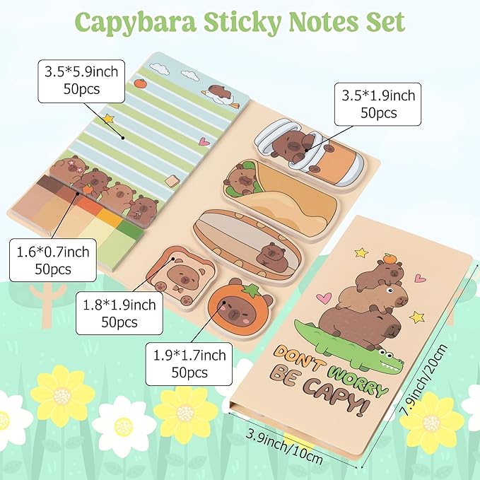 B1ykin Cute Sticky Notes Set - Don’t Worry Be Capy Capybara Shaped Self-Stick Notes Pad, 550 Sheets Writing Memo Pages Sticky Notepad for Teacher Appreciation Gifts School Office (Funny Capybara)