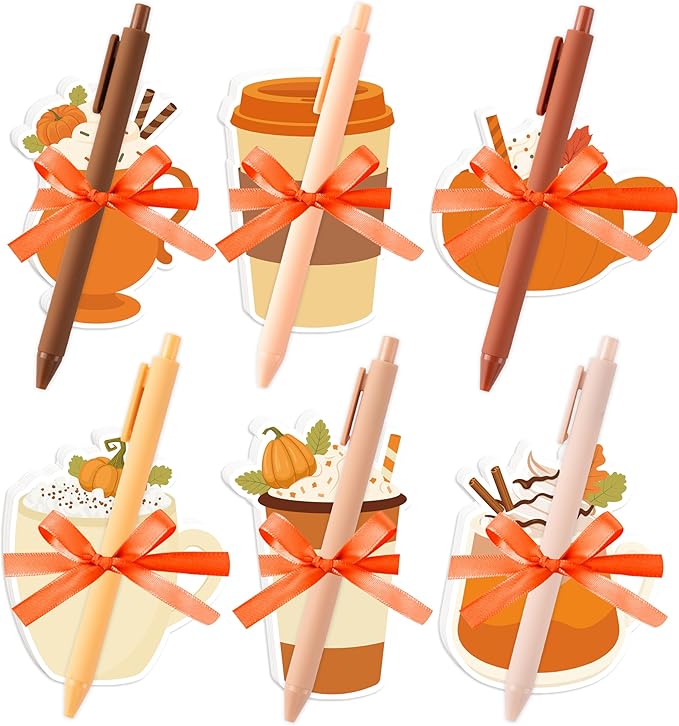 72pcs Fall-Theme Latte Sticky Notes & Pens & Ribbons Set, Cute Pumpkin Fall Element Latte Pastel Notepads Gift, Self-Stick Memo Pad for Thanksgiving Appreciation Back to School Party Favor