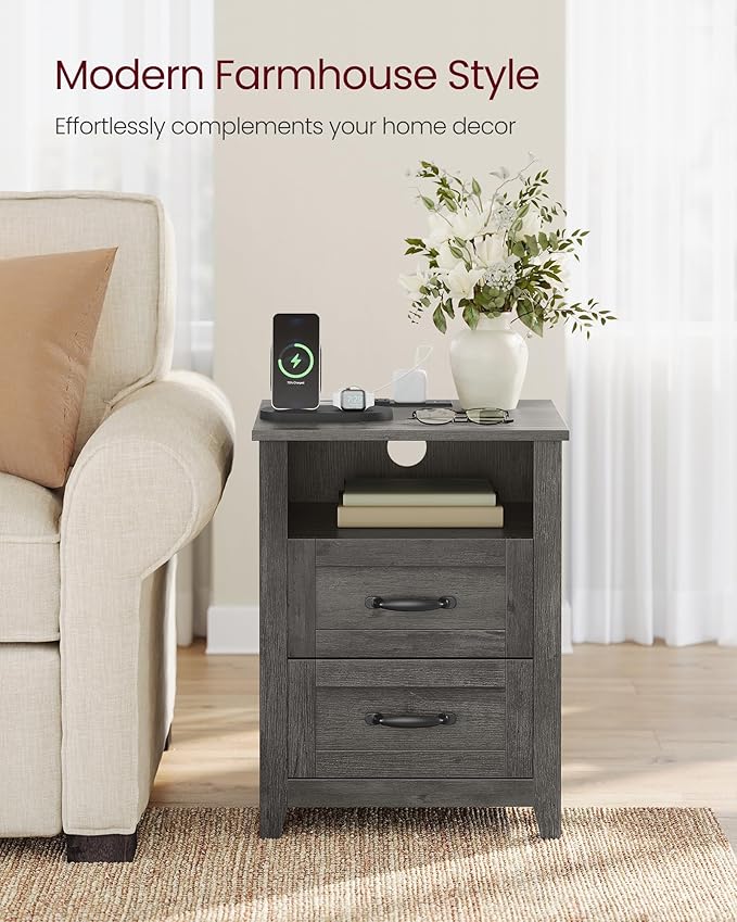 VASAGLE LIRY Collection - Farmhouse Nightstand with Charging Station, Bedside Table, Side Table with 2 Drawers, Open Compartment, for Bedroom, Misty Gray ULET669G01