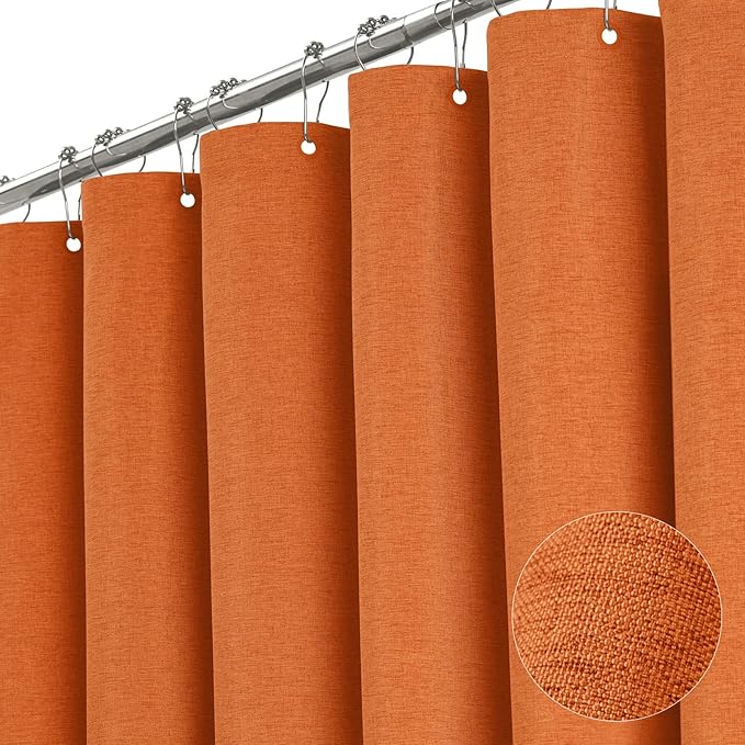 BTTN Extra Long Shower Curtain, 72x84 Inches Long Linen Textured Heavy Duty Fabric Shower Curtain Set with 12 Plastic Hooks, Tall Luxury Simple Waterproof Cloth Shower Curtains for Bathroom - Orange