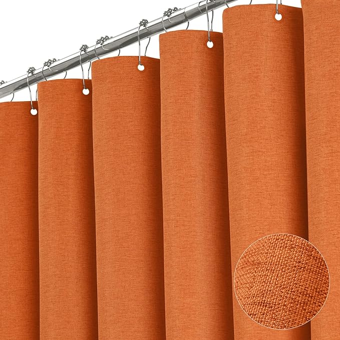 BTTN 78 Inch Long Shower Curtain - Linen Textured Weighted Fabric Shower Curtain Set with 12 Hooks, Tall Hotel Neutral Heavy Duty Waterproof Polyester Shower Curtains for Bathroom - 72x78 - Orange