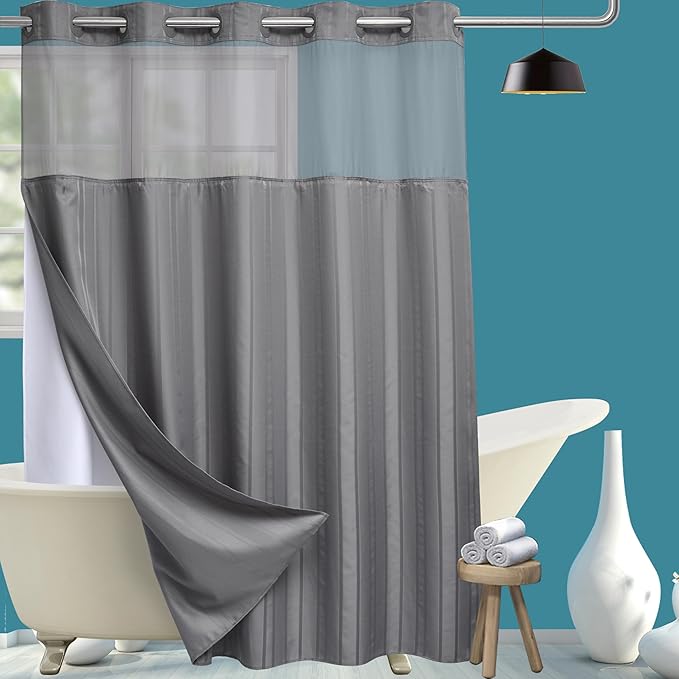 Conbo Mio No Hook Waffle Weave Shower Curtain with Snap in Liner Set, Hotel Luxury Grey Shower Curtains for Bathroom with See Through Top Window, Waterproof, Washable 71W x 74H Stripe
