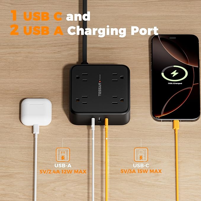 TESSAN 10 Ft Flat Plug Extension Cord with Multiple Outlets, Surge Protector Power Strip with 3 USB(1 USB C) 8 Outlets, 900J Protection, Desk Charging Station for Home, Office, Dorm Room, Black