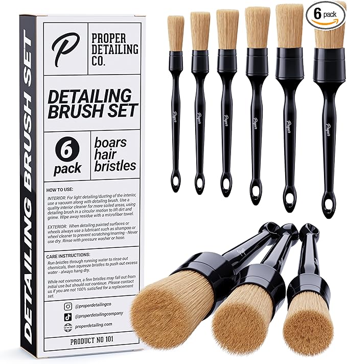 Car Detailing Brush Set, Premium Quality Soft Boars Hair Bristles, Clean Auto Interior (Leather Seats, Air Vents) or Exterior (Wheels, Paint, Emblems) Detail Brushes Car Detailing Pro Pack (6 Pack)