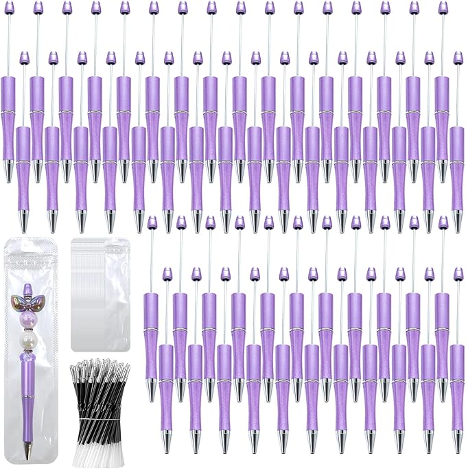 150 Pieces DIY Beadable Pen Kit – 50 Plastic Ballpoint Pens with Refills & Bags – School Supplies, Office Accessories & Decorative Items for Students & Teachers (Purple)