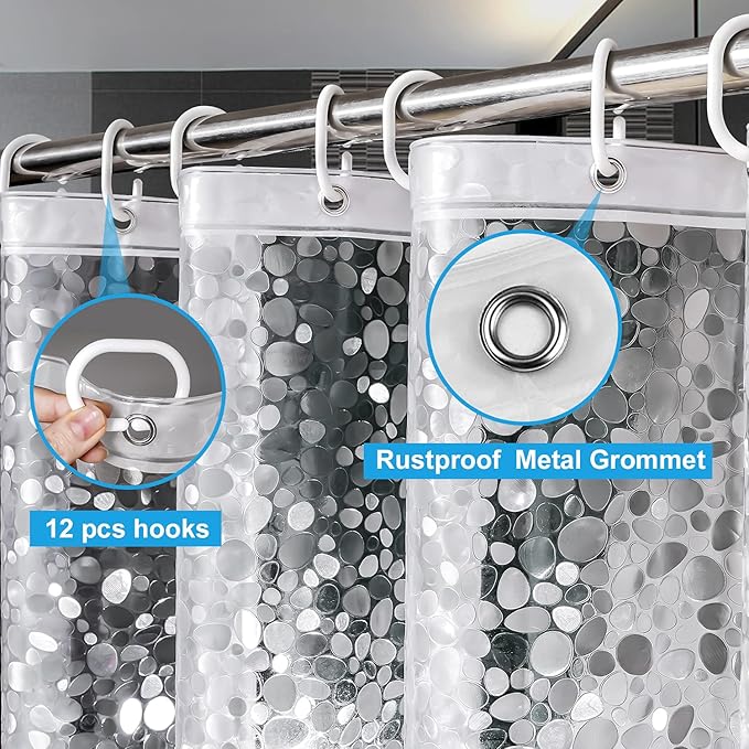 UFRIDAY Clear Shower Curtain 48 x 72 inches,3D Cobblestone Stall Shower Curtain Liner for Bathroom Water Repellent EVA Plastic Shower Liners with 2 Big Heavy Magnets