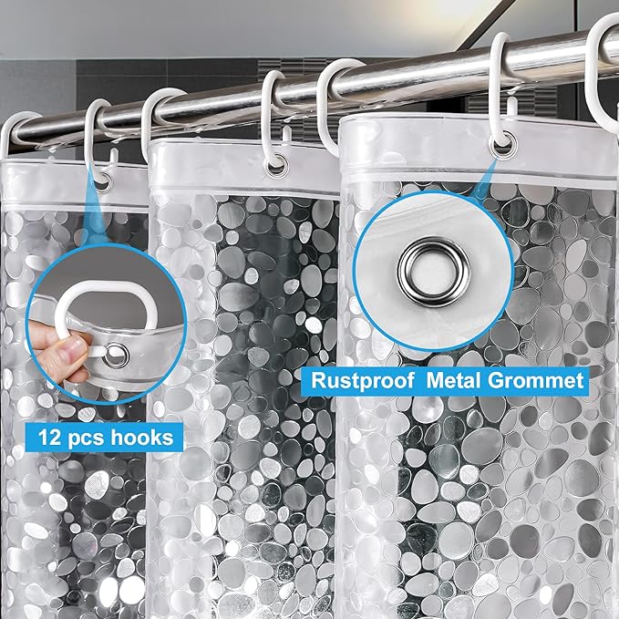 UFRIDAY Extra Long Shower Curtain Liner 72x86 Inch,EVA Plastic Waterproof Shower Curtain with 3 Big Magnets,Heavy Duty,Semi Transparent, 3D Cobblestone Bathroom Liner