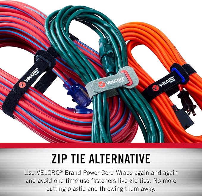VELCRO Brand Power Cord Wraps | Heavy Duty Straps for Extension Cords, Garage or RV Organization | Slotted Grommet for Strong Snag Free Cinching | 16 Inch, 2Pk, Black and Gray