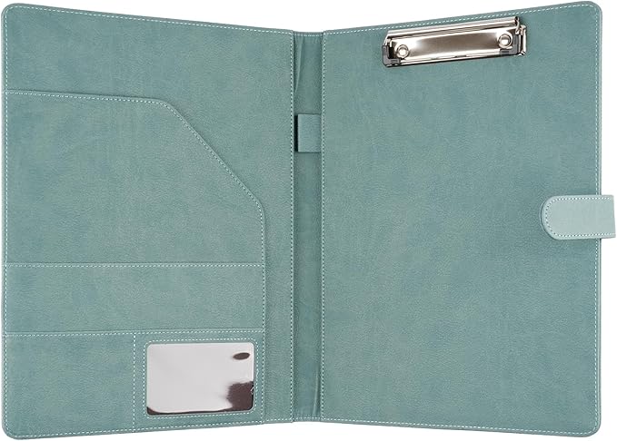 Professional Padfolio with Clipboard, Faux Leather Portfolio Folder Binder, Legal Pad Holder for A4 Letter Size Notepad, Resume, Writing, Ideal Organizer for Business Office Conference (Gray Green)
