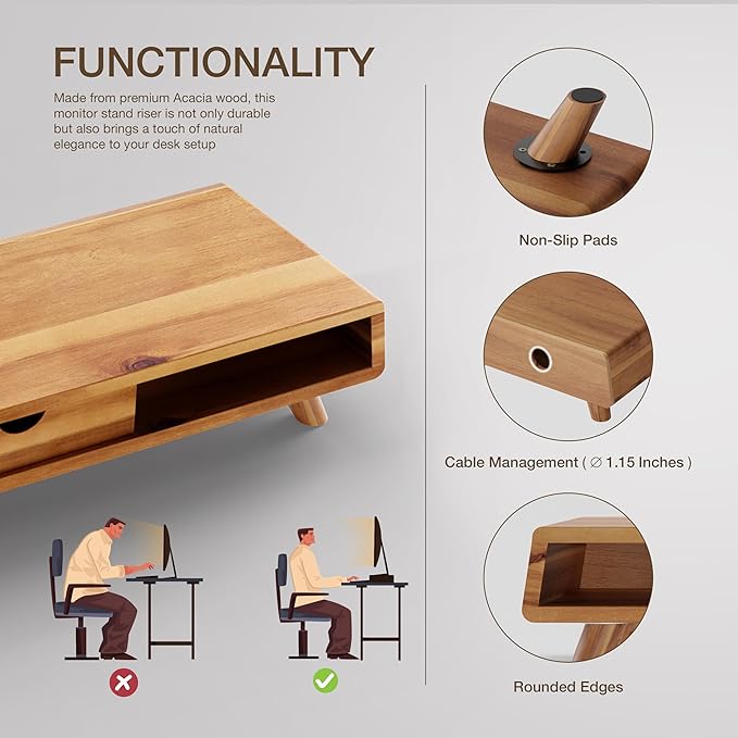 TINAMO Acacia Wood Monitor Stand with Drawer - Wooden Monitor Riser for Desk - Computer Monitor Stand for Desk - Multi-Purpose Desktop Storage Stand for Computer; Laptop; Printer; TV - 24.4 " x 8" x 5" (Patented)