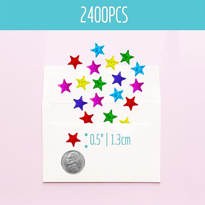 2400 PCS Laser Shiny Sparkle Star Stickers, Water/Tear Resistant Self Adhesive Star Stickers in 6 Colors Reward Behavior Chart Labels for Kids Students Teachers Supplies (Each Measures 0.5”)