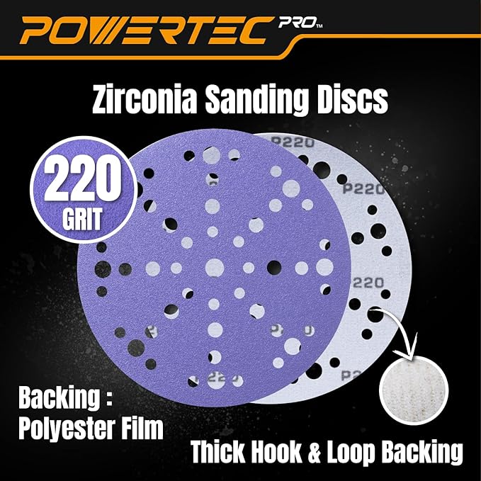 POWERTEC PRO 50PK, 6 Inch 49 Holes Sanding Disc, 220 Grit, Zirconia Hook and Loop Film Backing Sandpaper for Festool Random Orbital Sanders - Automotive, Paint, Metal, Woodworking (46122Z-50)