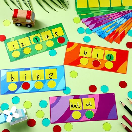 Sound Box Mats and Chips 24 Pcs Dry Erase Mats and 84 Pcs Chips Phonemic Awareness Games Phonics Reading Games Ezread Sound Box Kit(Vivid Style,PVC)