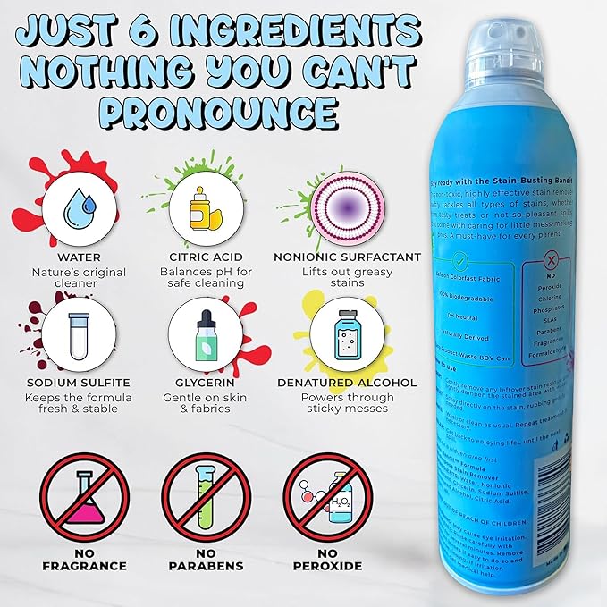 Stain Remover Spray - Non-Toxic, Family Safe Formula - Bag-On-Valve 360 Continuous Spray - Powerful Natural Cleaner for Clothes, Upholstery, Carpet, Car Seats & More - 4.2 oz