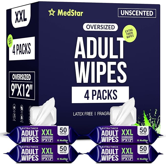 Adult Wipes for Elderly 4 Pack - Extra Large Extra Thick No-Rinse Bathing Wet Wipes for Adults - Incontinence Shower Alternative Disposable Washcloths - Fragrance-Free XXL